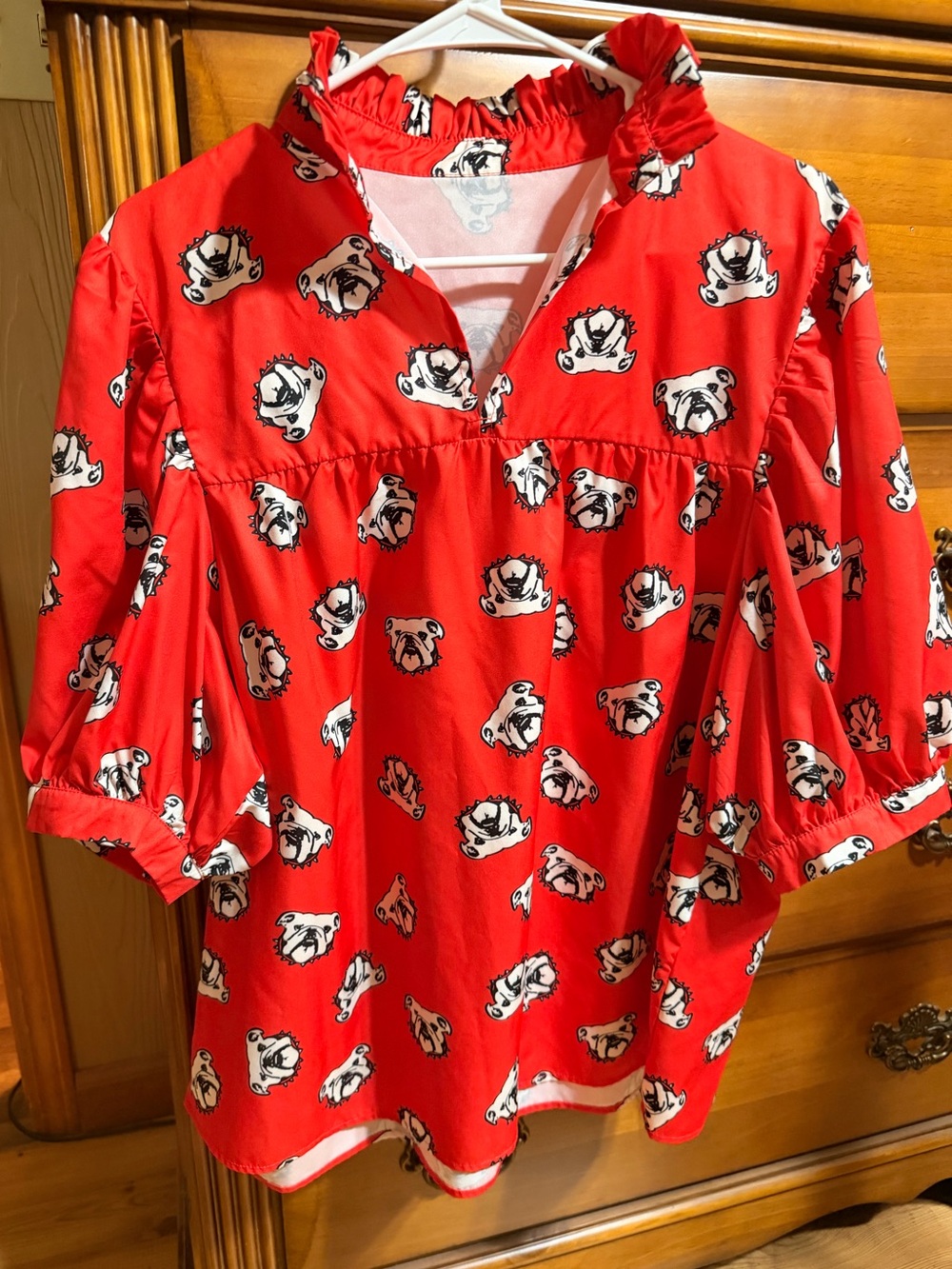 Boutique Red Bulldog Print Peasant Blouse with button cuff puff sleeves